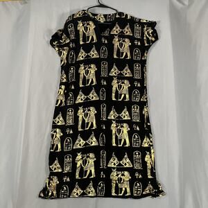 Egyptian Print Dress Womens Large Black Gold V-Neck Short Sleeve Ruffle Midi